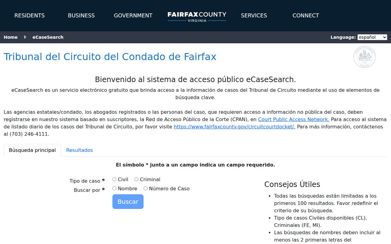 Reston residents directory Fairfax Circuit Court eCaseSearch form