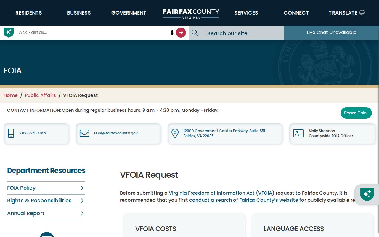 Reston residents directory Fairfax County VFOIA request form