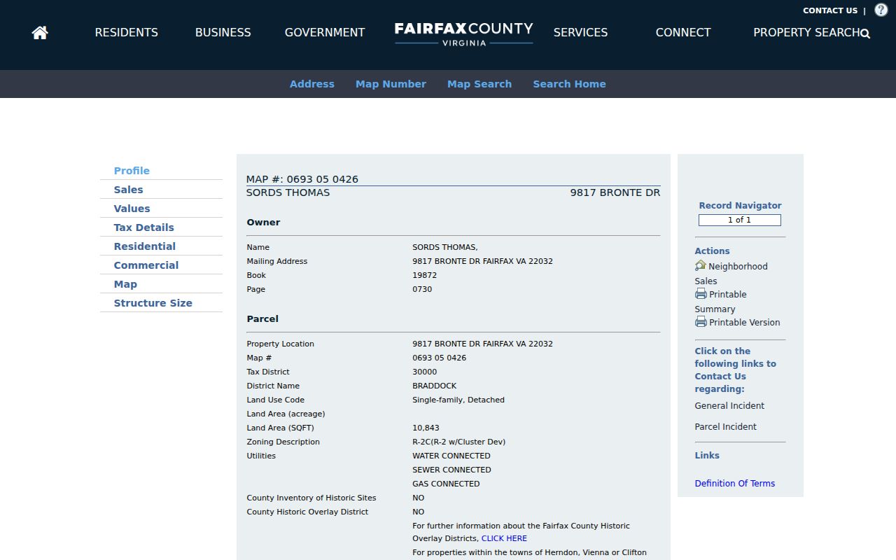 Reston neighbors Fairfax iCare parcel card with public property fields
