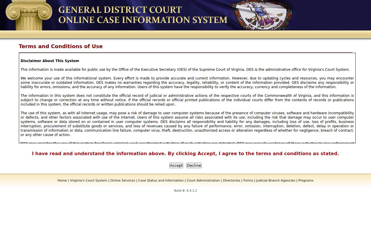 Reston resident lookup view of the Virginia General District Court search form