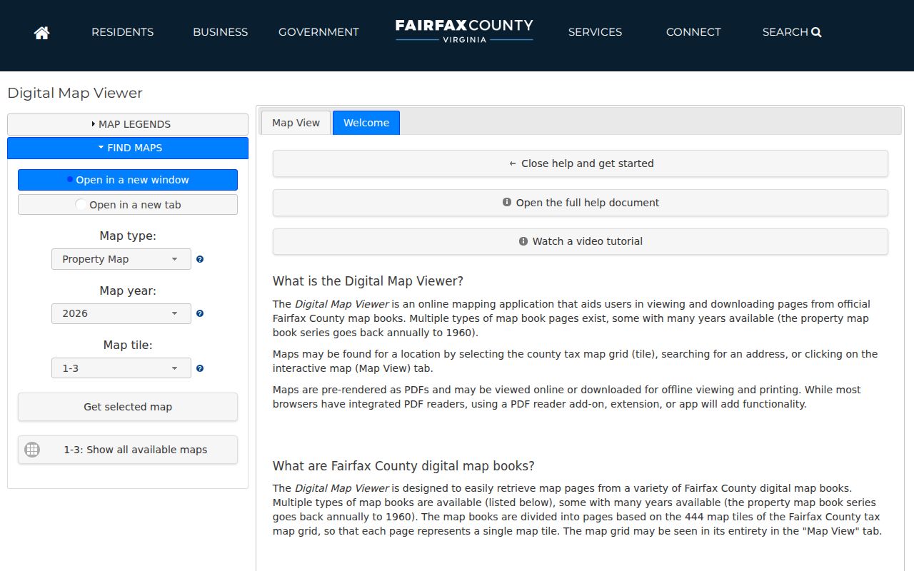 Reston ZIP code directory Fairfax Digital Map Viewer with property-map year and tile controls
