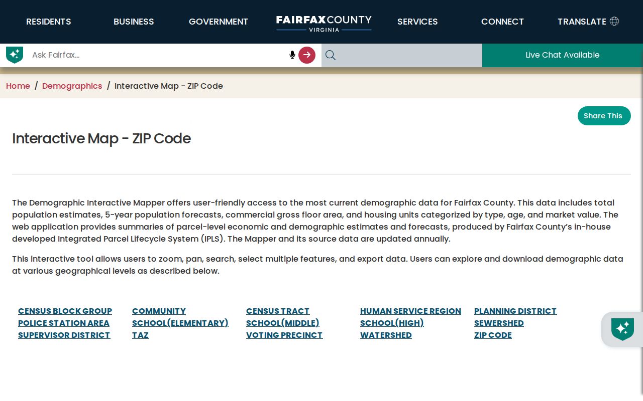 Reston ZIP code directory Fairfax County interactive ZIP map with search and data table controls